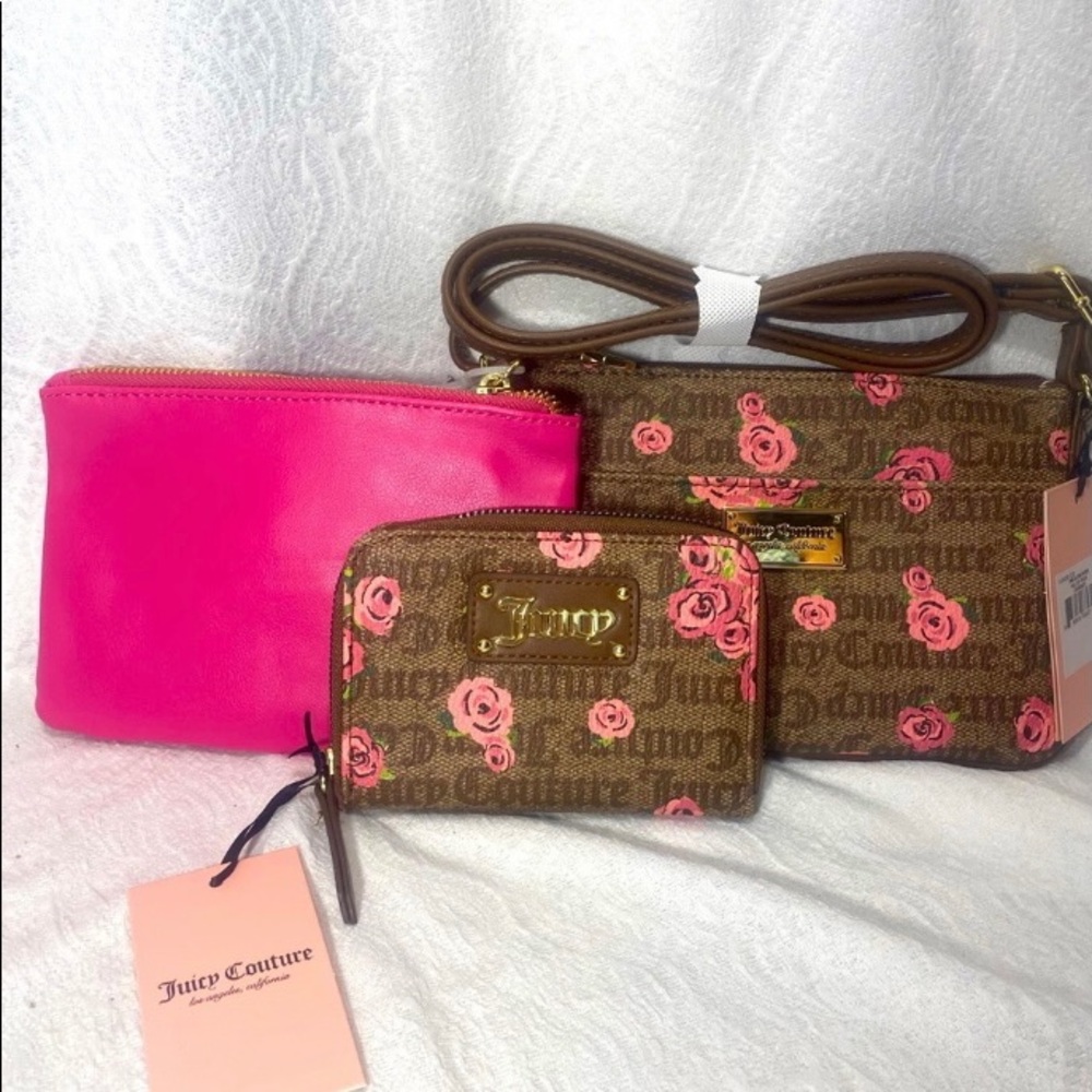 Juicy couture Womans bag crossbody purse pouch wallet set brown floral pink NWT